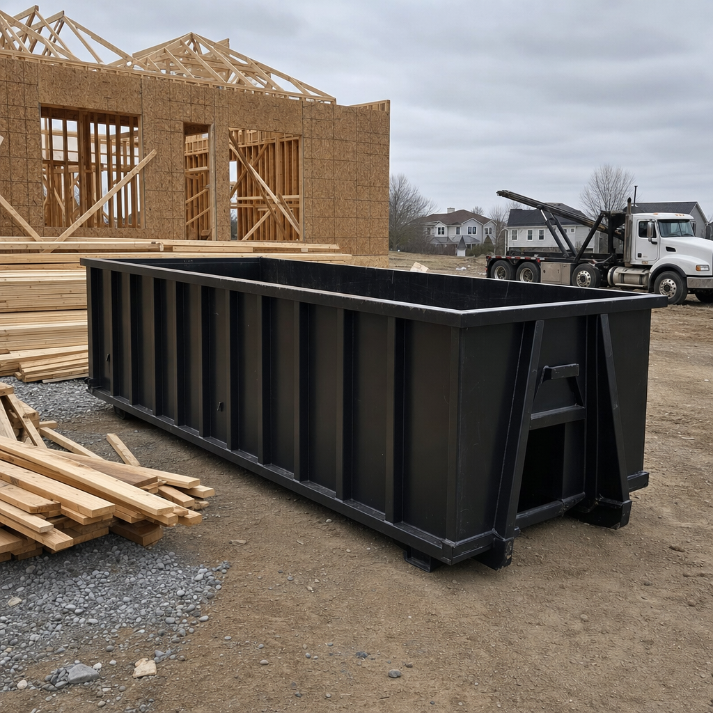 Matte-black 40-yard roll-off dumpster staged on a framed-out residential construction site in Blaine, framing lumber stacked nearby, hooklift delivery truck visible in the background under bright Colorado daylight