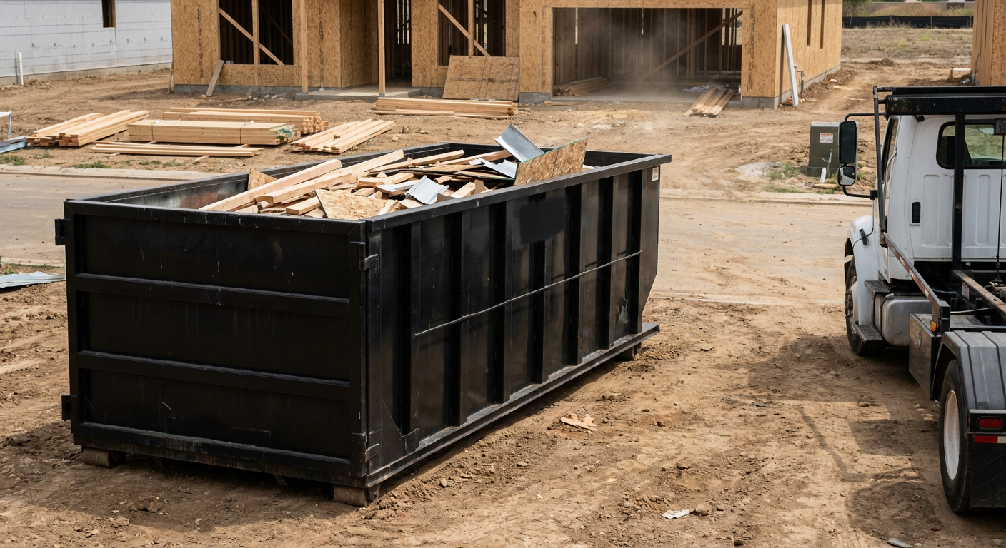 Matte-black 20-yard roll-off construction dumpster with heavy ribbed steel sidewalls and swing rear doors at a working jobsite in Blaine, sitting directly on compacted dirt with an unmarked white hauler partially visible at the far edge of the frame.