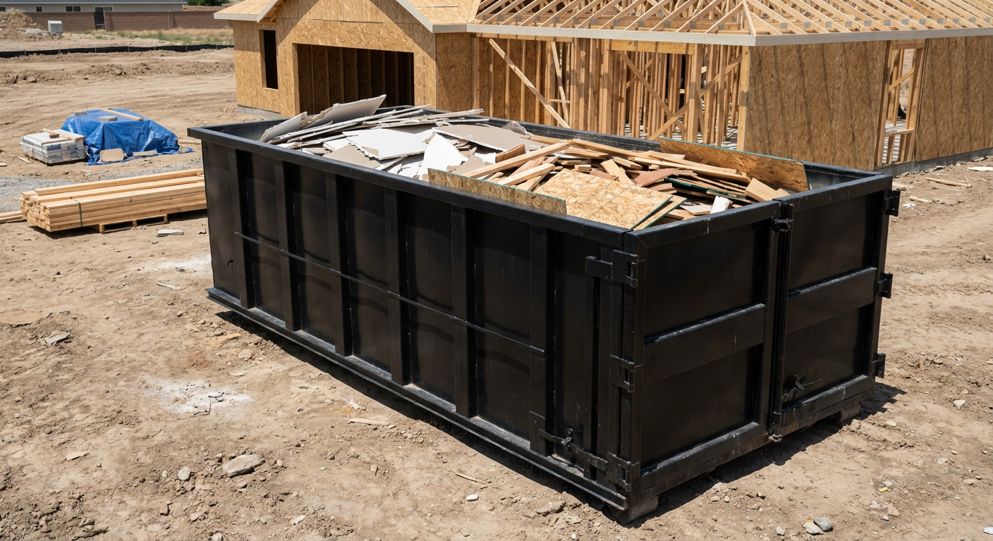 Matte-black 30-yard roll-off construction dumpster sitting directly on the compacted-dirt site of a framed single-family home build in Blaine, drywall and lumber scrap loaded inside.