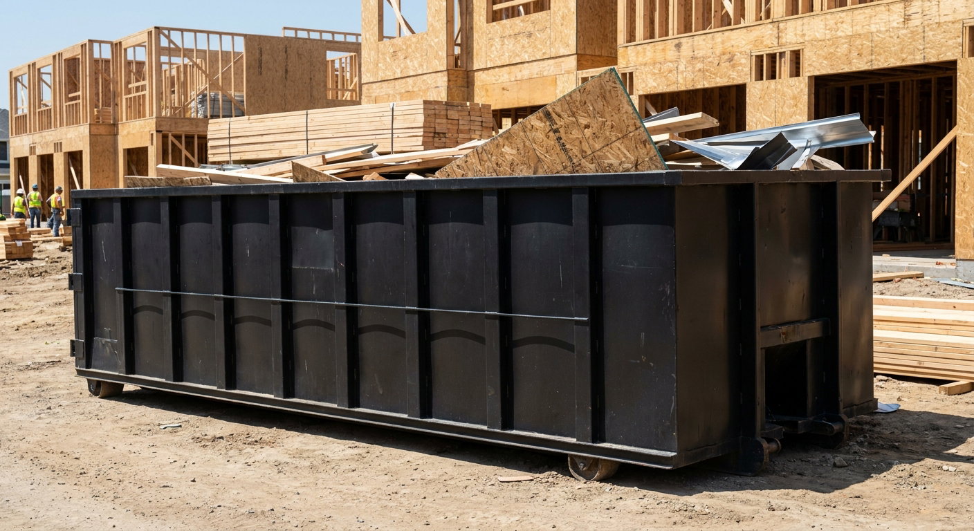 Matte-black 40-yard roll-off construction dumpster being lowered from a white-cab hooklift delivery truck onto the compacted-dirt jobsite at a commercial build site in Blaine