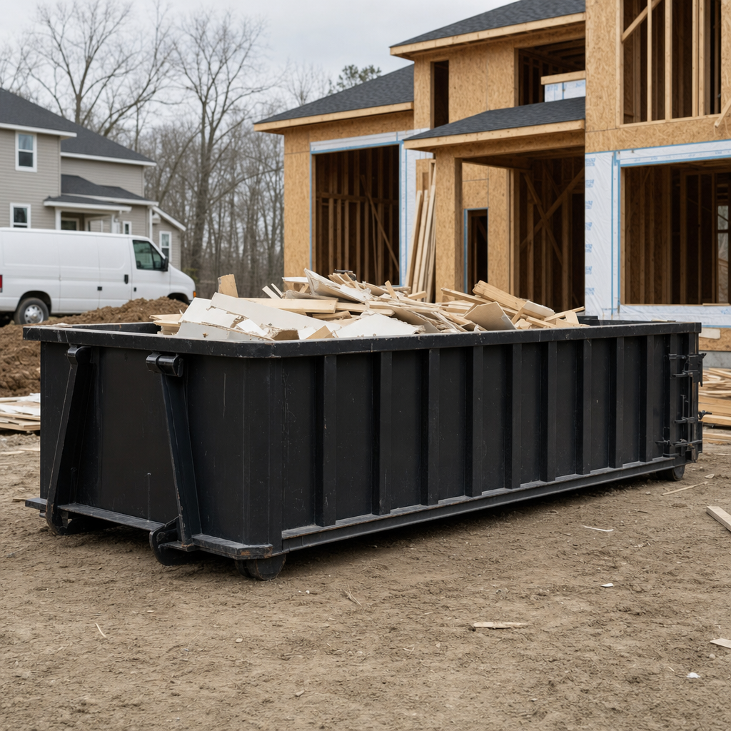 Worker in a yellow high-visibility vest tossing framing lumber and broken drywall into a matte-black 30-yard construction roll-off dumpster on an active build site in Blaine, bright daylight