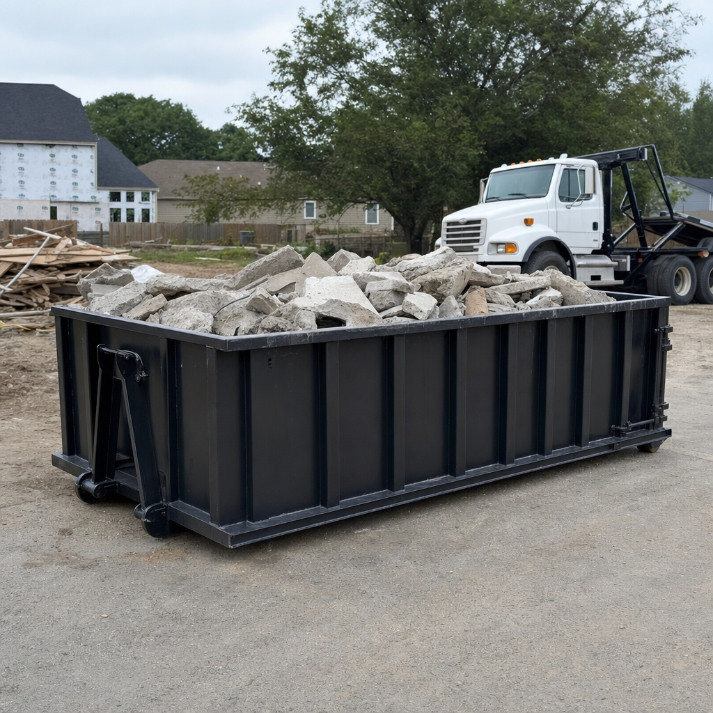 Low-profile matte-black lowboy roll-off dumpster loaded with broken concrete slab and rebar at a foundation tear-out in Blaine, skid steer parked beside it, sunny Colorado morning