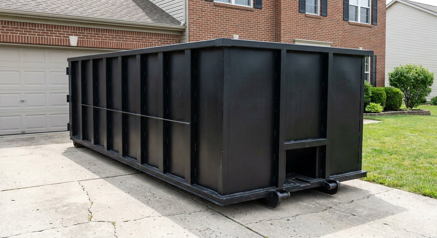Matte-black 20-yard roll-off container on a Blaine residential concrete driveway with reinforced ribbed steel sidewalls and a hinged rear walk-in door, clean bright daylight.