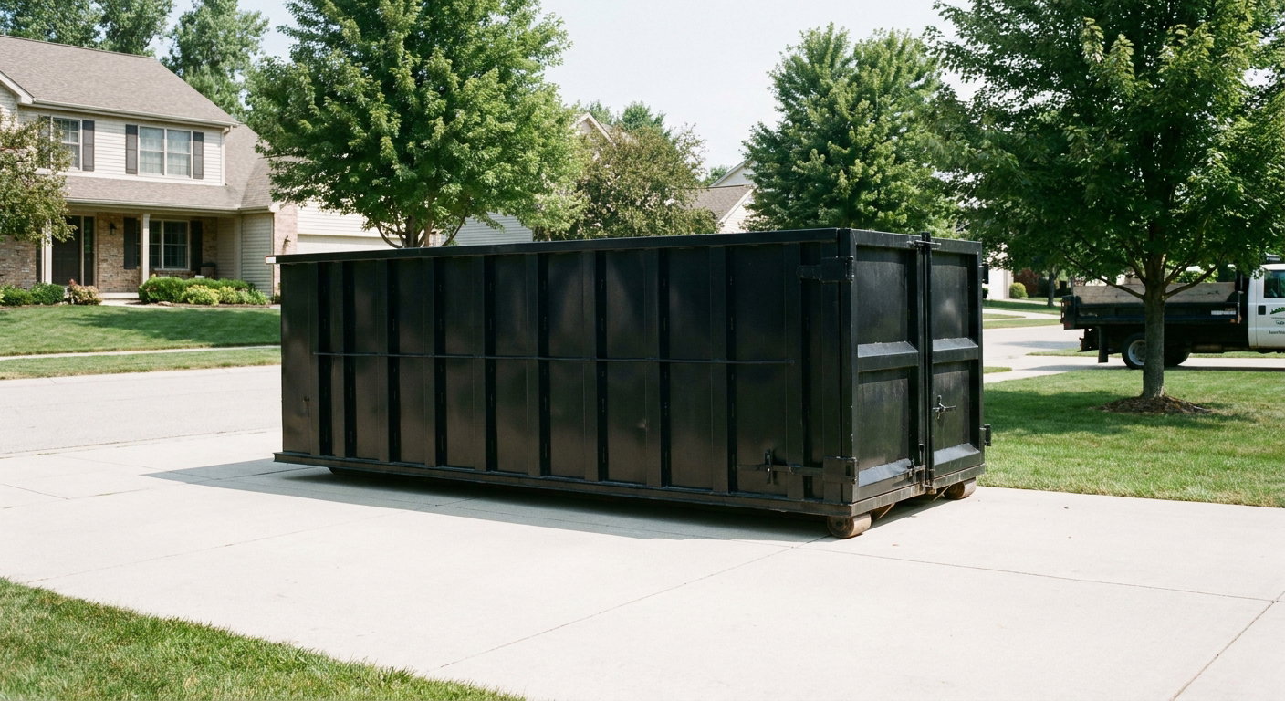 Matte-black 20-yard roll-off dumpster sitting level on a clean Blaine residential concrete driveway under bright daylight, demonstrating clean placement directly on the concrete.