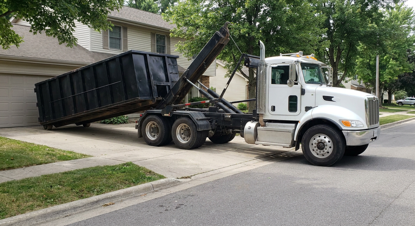 White-cab hooklift roll-off truck actively lowering a matte-black dumpster onto a Blaine residential concrete driveway, the dumpster's rear wheels touching the driveway as the hoist arm tilts the bed forward, mid-morning daylight.