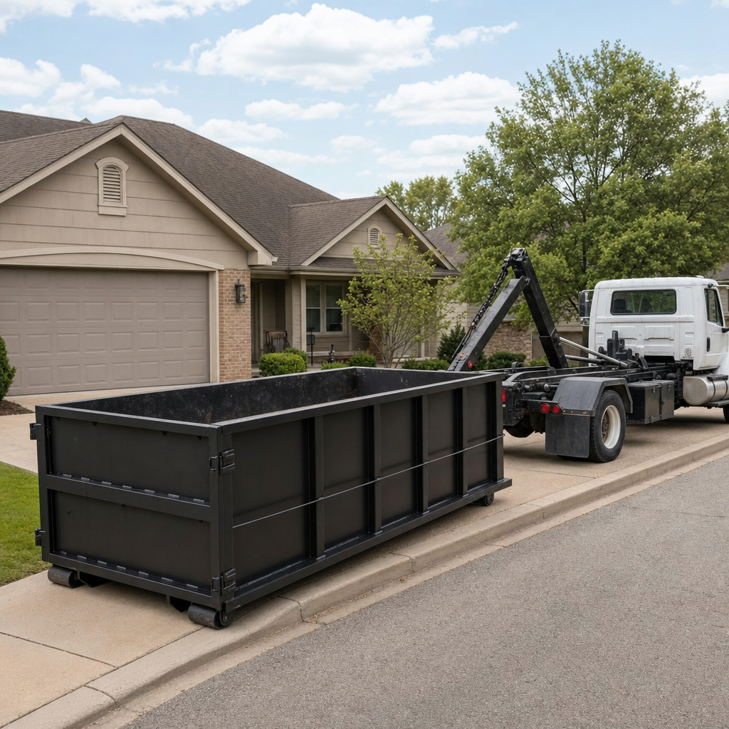 Wide documentary shot of a matte-black roll-off dumpster on a Blaine residential driveway in the foreground and a contractor jobsite container in the soft-focus background, bright daylight, calm and orderly composition.