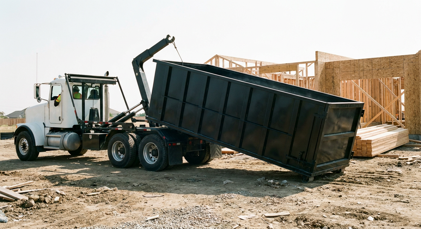 Matte-black roll-off dumpster being delivered onto a clean residential concrete driveway in Blaine by an unmarked white hooklift hauler truck, bright morning daylight, documentary 35mm perspective.