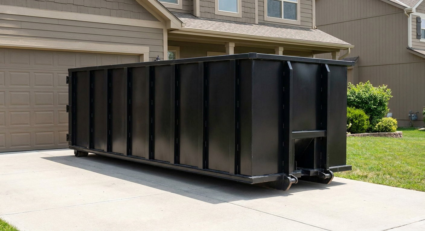 Matte-black residential roll-off dumpster sitting directly on a suburban Blaine concrete driveway, garage door closed, single-family home in background, bright morning daylight.