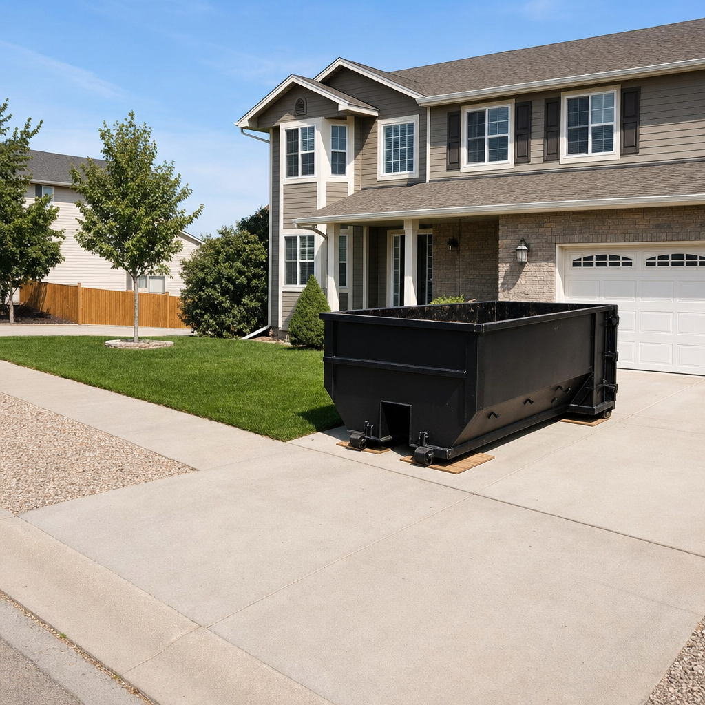 10-yard matte-black residential dumpster placed directly on a narrow Blaine concrete driveway, room remains for a parked sedan beside it, mid-morning natural light