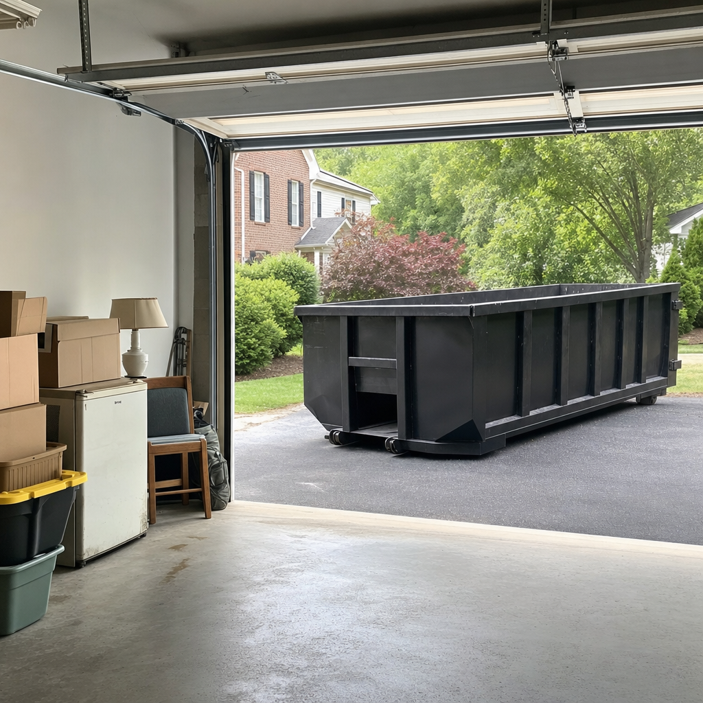 Open garage interior in a Blaine home mid-cleanout — boxed items, an old appliance, and stacked yard tools queued near the driveway for a matte-black roll-off dumpster, organized and calm