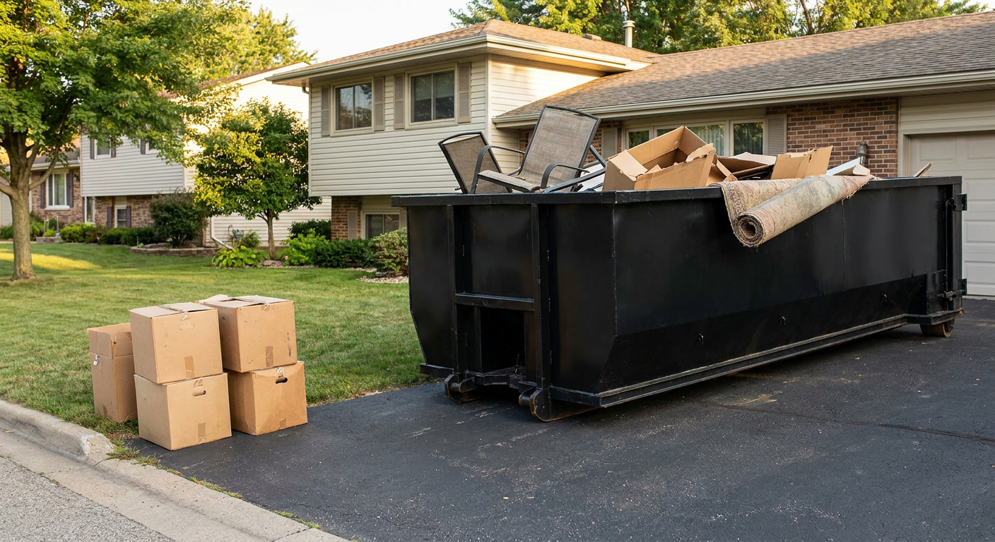 Front-yard view of a Blaine split-level home with a 20-yard matte-black roll-off dumpster sitting directly on the asphalt driveway, a few clearly labeled donation boxes staged at the curb, calm sunny afternoon.