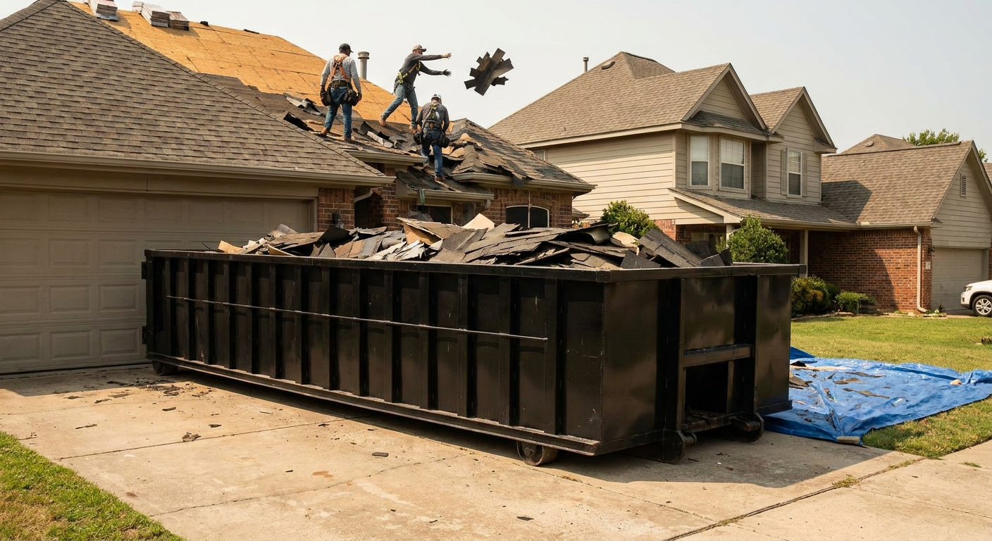 Matte-black roofing roll-off dumpster placed directly on a Blaine residential concrete driveway, a tear-off crew on a two-story asphalt-shingle roof tossing shingle bundles into the low-walled container, bright daylight, documentary 35mm perspective.