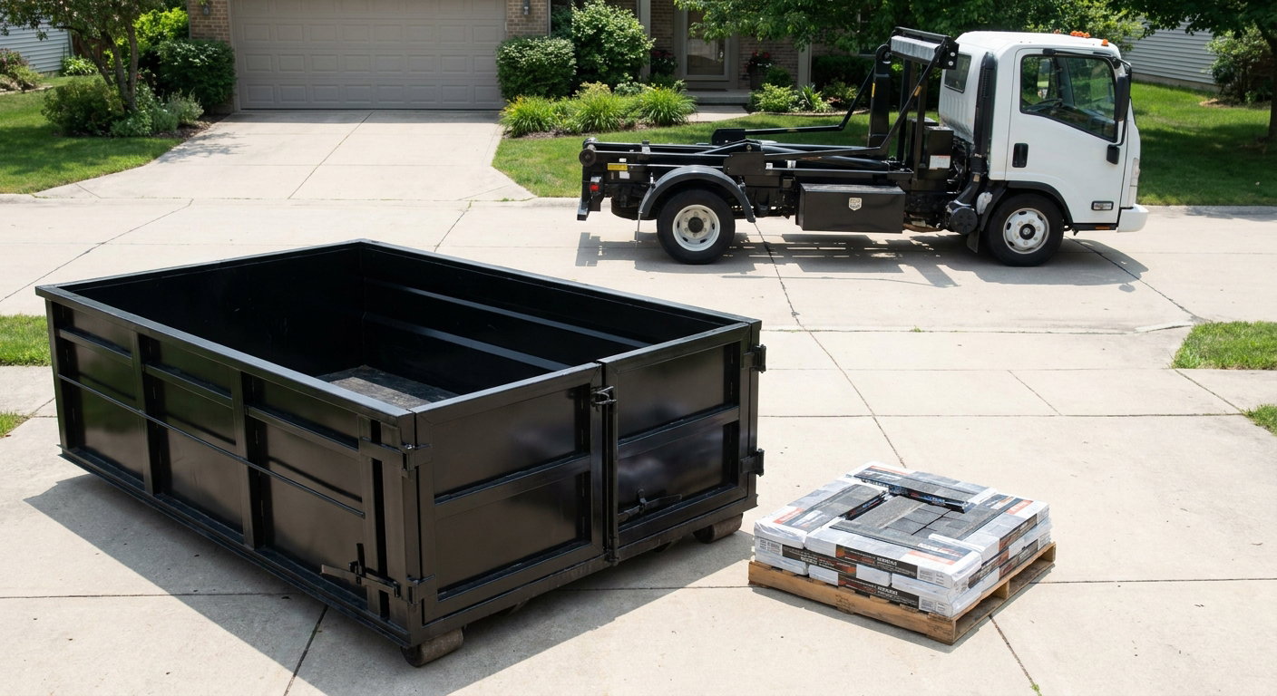 Matte-black 15-yard roofing roll-off dumpster with reinforced low side walls sitting directly on a Blaine residential concrete driveway, three-tab asphalt shingle bundles stacked nearby, an unmarked white hauler truck partially visible at the edge of the frame.