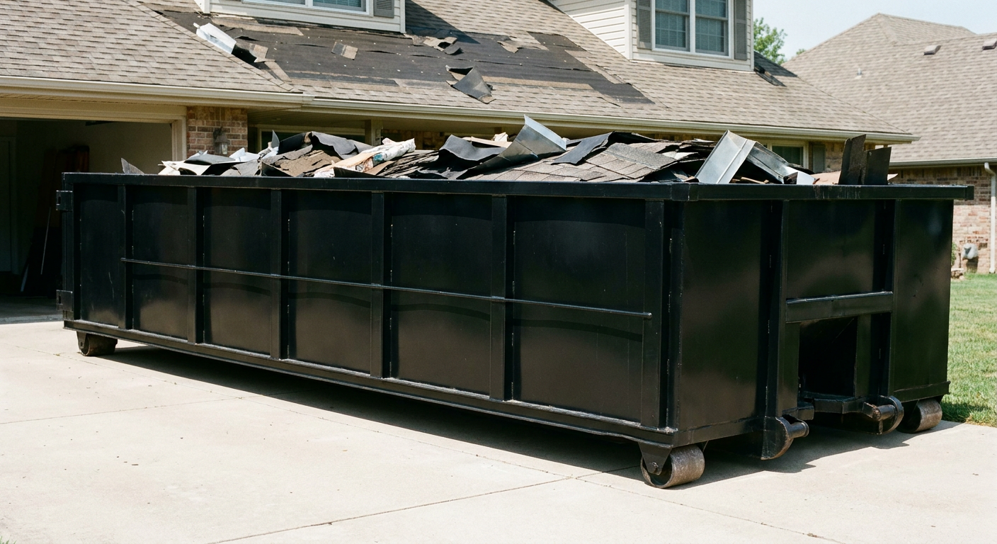 Matte-black 20-yard roofing roll-off dumpster with steel ribbed sides and swinging rear door, sitting directly on the concrete driveway of a two-story Blaine home, asphalt shingle debris being loaded over the low wall, clean documentary lighting.