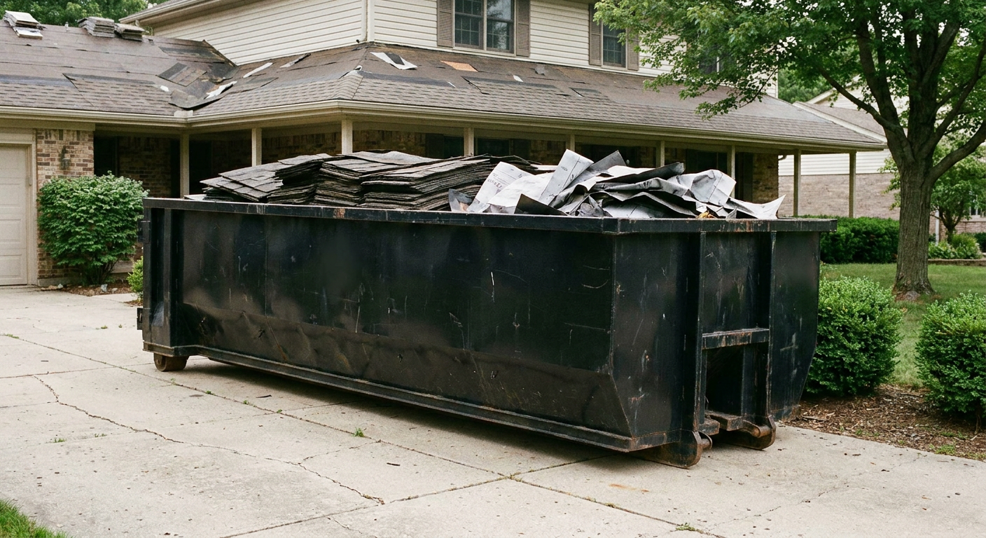 Matte-black 30-yard roofing roll-off dumpster sitting directly on a Blaine concrete driveway, taller ribbed steel side panels, mixed tear-off debris of asphalt shingles and underlayment inside, professional documentary daylight.