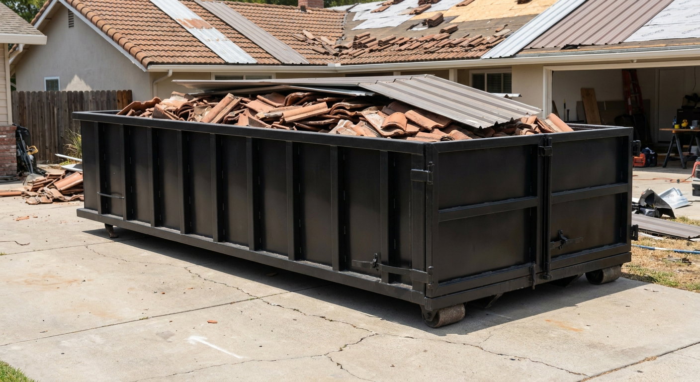 Matte-black low-wall heavy-debris roofing roll-off dumpster sitting directly on a Blaine concrete driveway, broken concrete clay roof tiles and metal panel sections loaded inside, reinforced ribbed steel side walls visible, bright outdoor daylight.