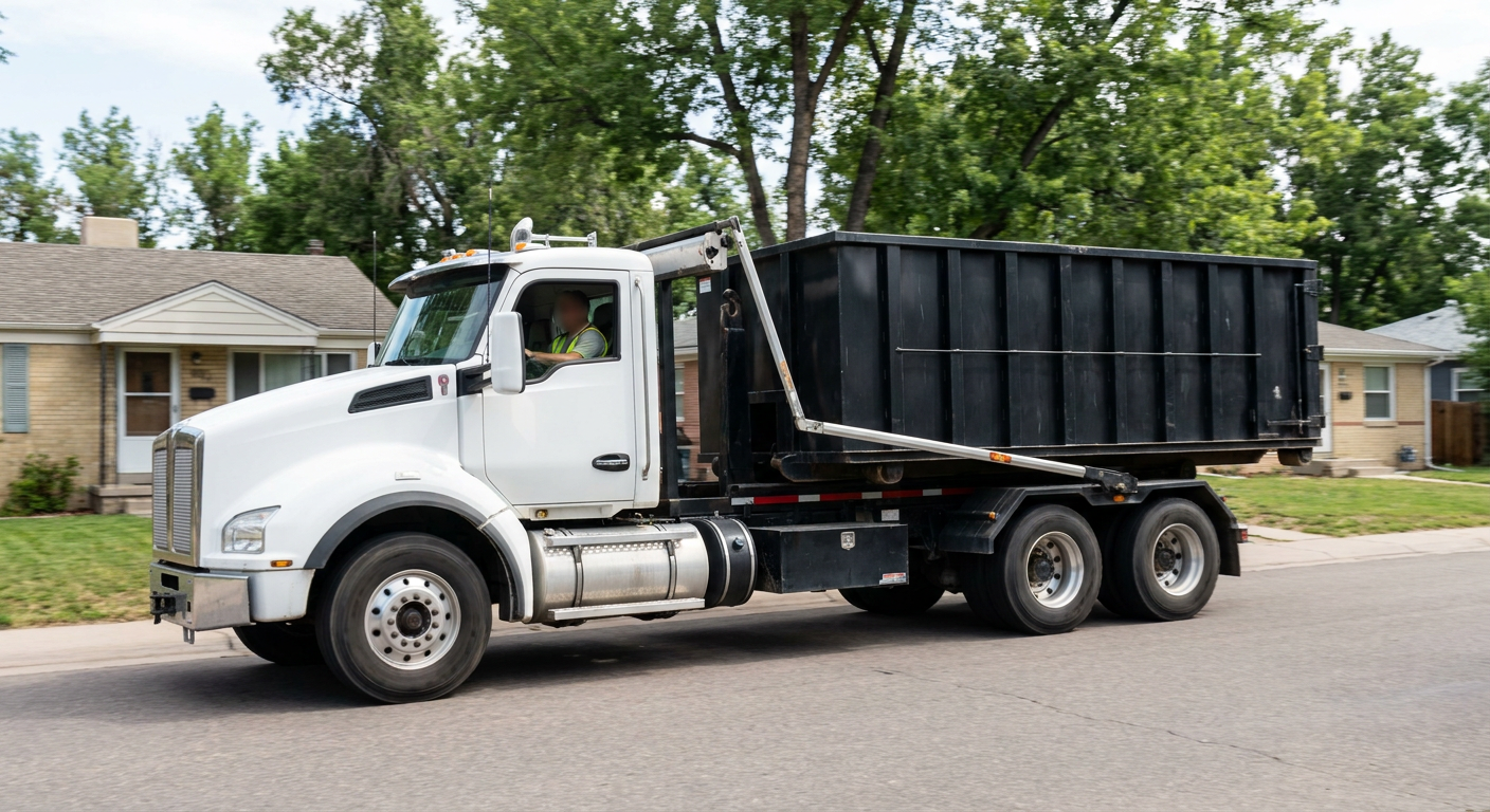 A wide documentary shot of a matte-black roll-off delivery truck pulling onto a quiet Blaine residential street at mid-morning, with neighborhood rooftops and tree-lined blocks visible behind, showing the metro coverage footprint.