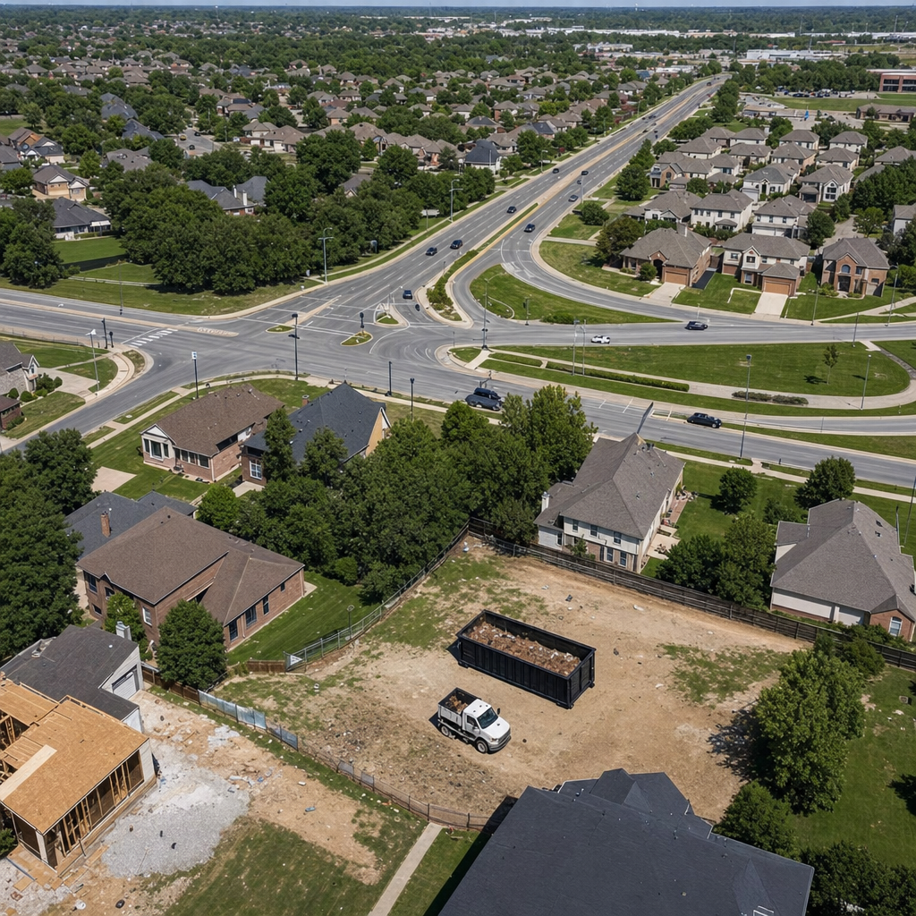 An overhead documentary view of the Blaine metro area at midday, showing the spread of neighborhoods, arterial roads, and the dispatch radius from a central yard — clean daylight, organized geographic layout.