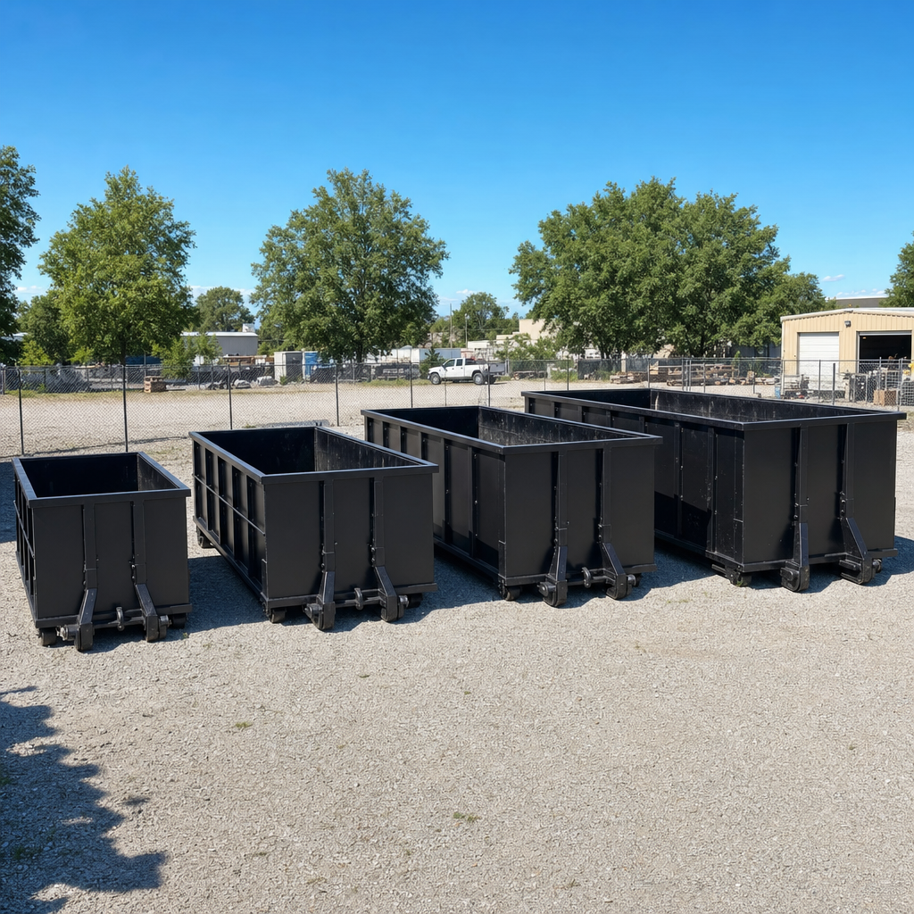 A clean lineup of matte-black roll-off dumpsters in 10, 20, 30, and 40-yard sizes staged on a sunlit gravel yard in Blaine, showing the size progression from compact to commercial-scale containers.