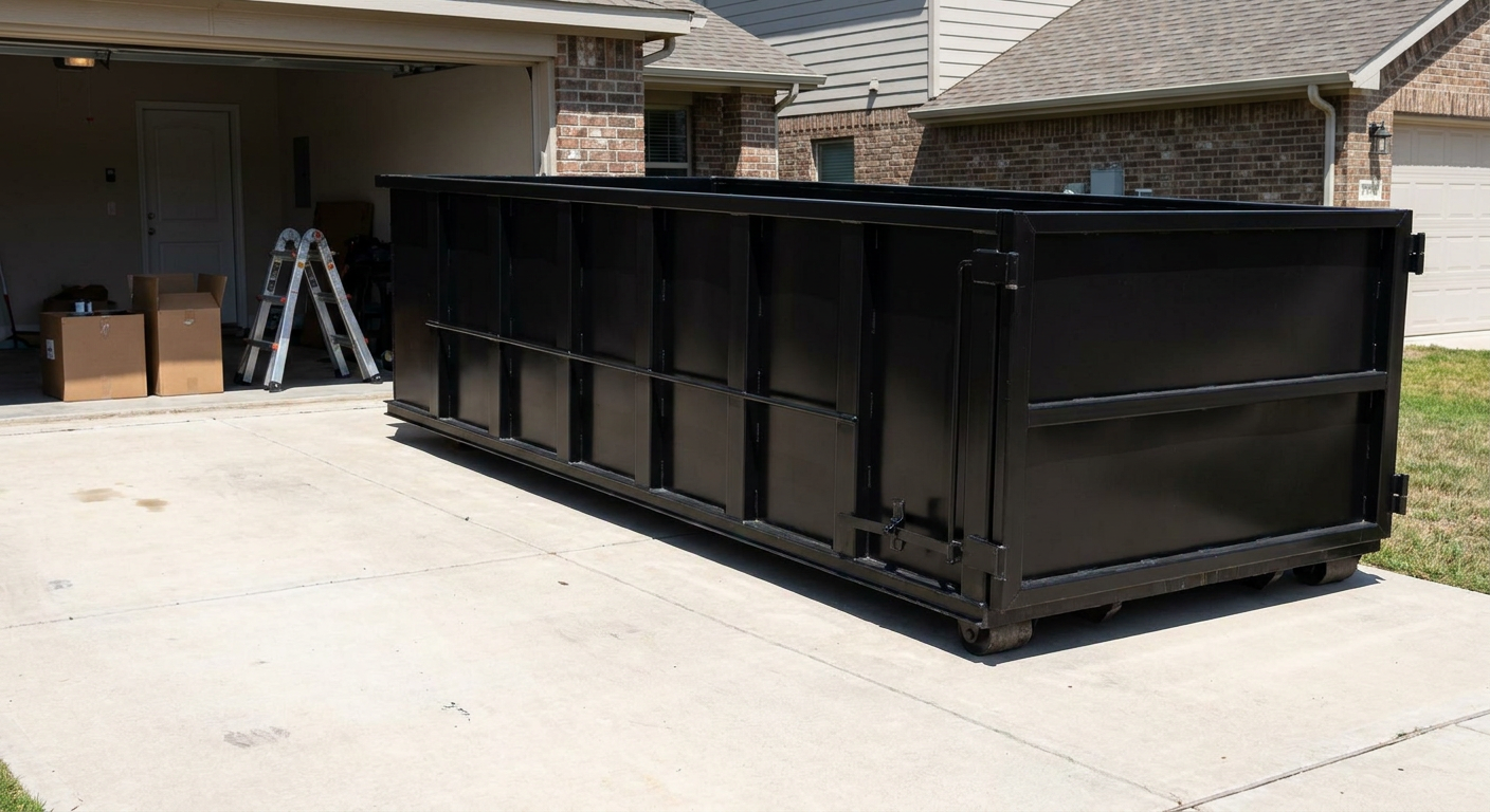 A matte-black 10-yard roll-off dumpster sitting directly on a residential Blaine concrete driveway, mid-day sunlight, clean and ready for a garage cleanout.