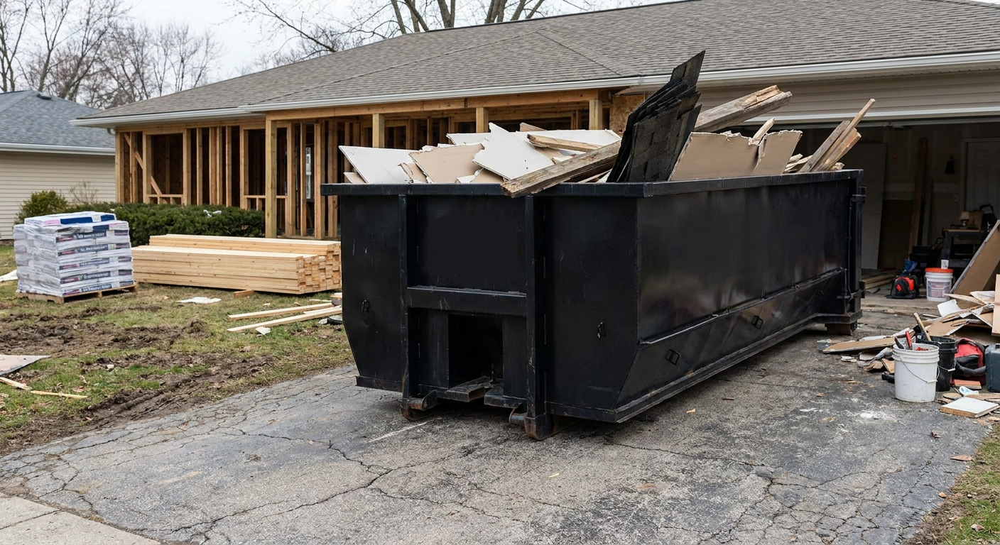 A matte-black 20-yard roll-off dumpster placed alongside a mid-renovation Blaine home directly on the asphalt driveway, with framing materials and torn-off shingles staged neatly nearby.