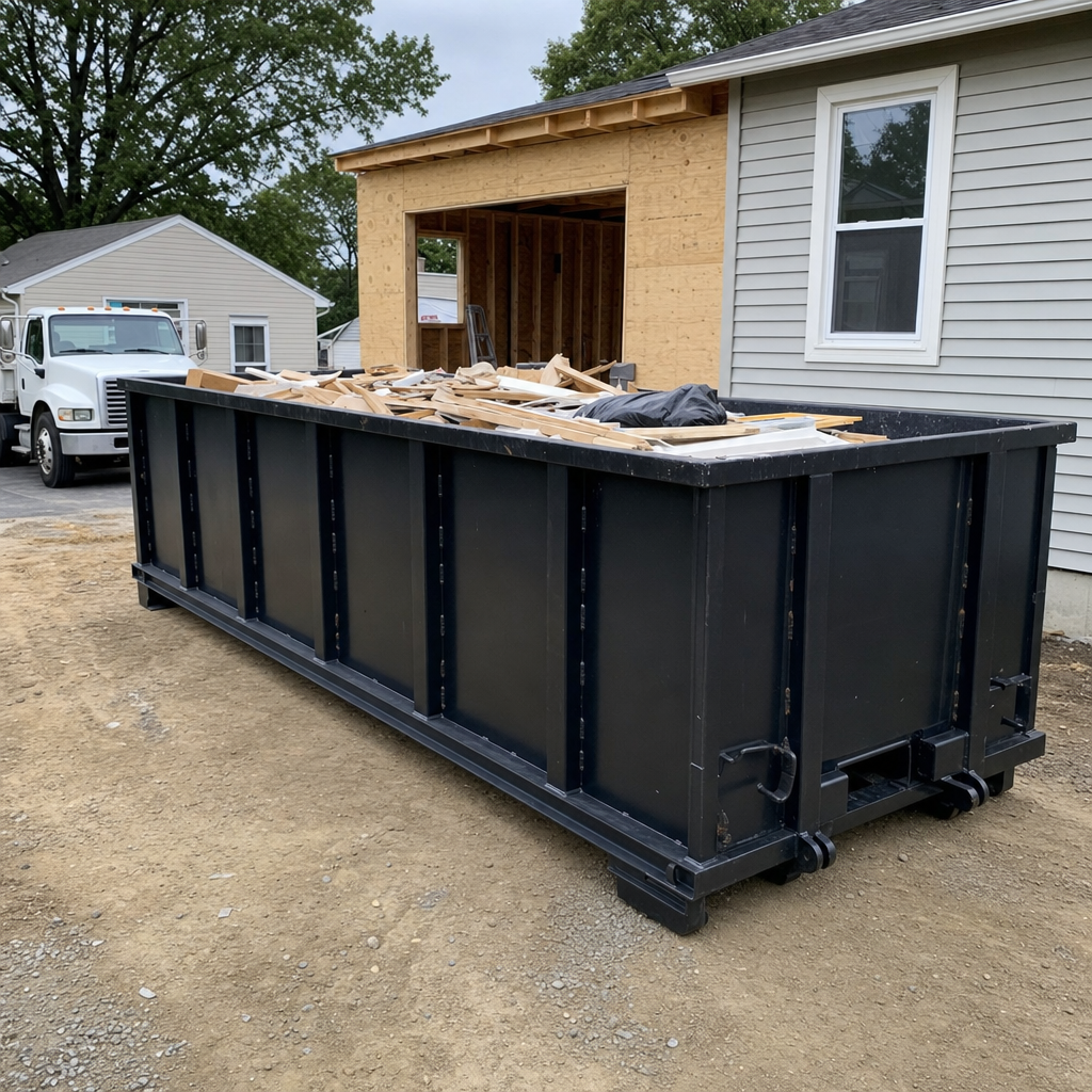 A matte-black 30-yard roll-off dumpster positioned at a Blaine residential addition jobsite, with framing lumber and drywall scraps loaded through the open swinging rear doors.