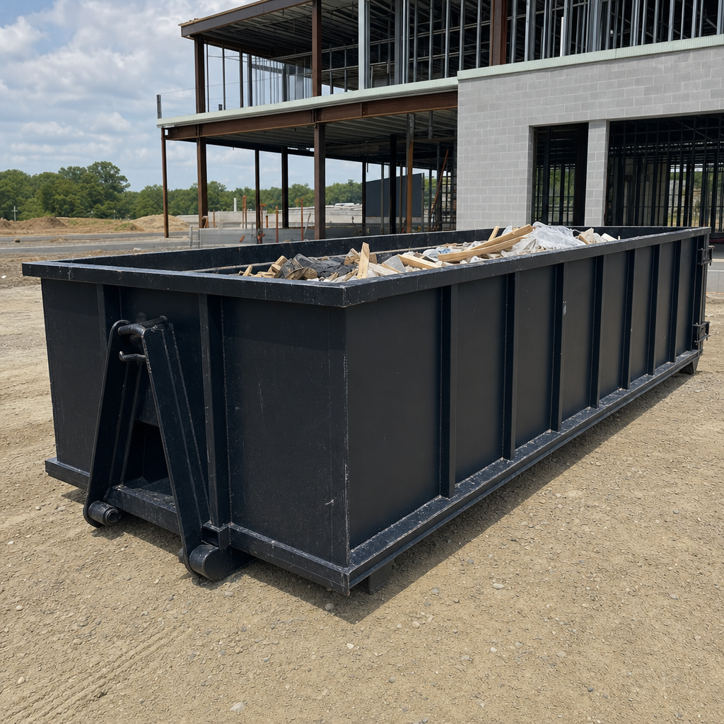 A matte-black 40-yard roll-off dumpster staged on a large Blaine commercial construction lot, with a hooklift delivery truck parked alongside under bright midday sky.