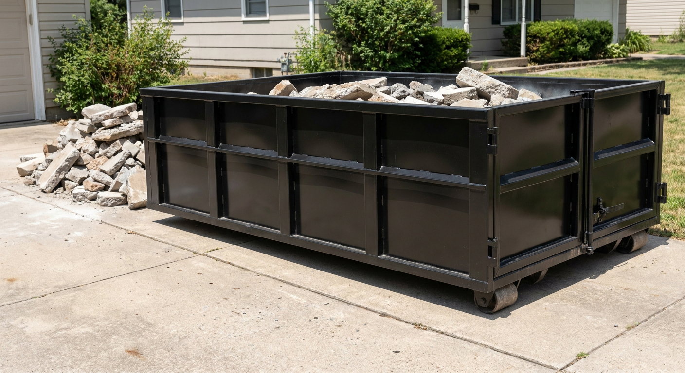 A matte-black low-side heavy-debris roll-off dumpster placed directly on a Blaine concrete driveway, with broken concrete chunks neatly stacked beside it under clean daylight.